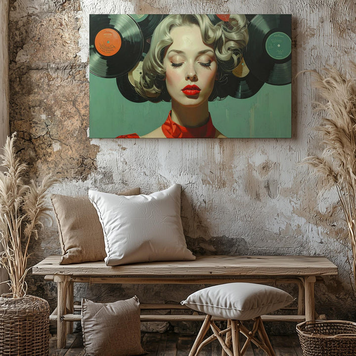 Vinyl Crowned Woman Canvas – Surreal Portrait in Red with Record Hair - Gifitto