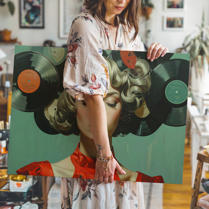 Vinyl Crowned Woman Canvas – Surreal Portrait in Red with Record Hair - Gifitto