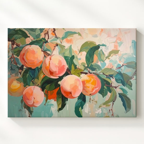 Peach Branch Canvas – Whimsical Painterly Fruit Art in Pastel Tones - Gifitto