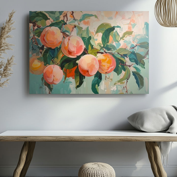 Peach Branch Canvas – Whimsical Painterly Fruit Art in Pastel Tones - Gifitto