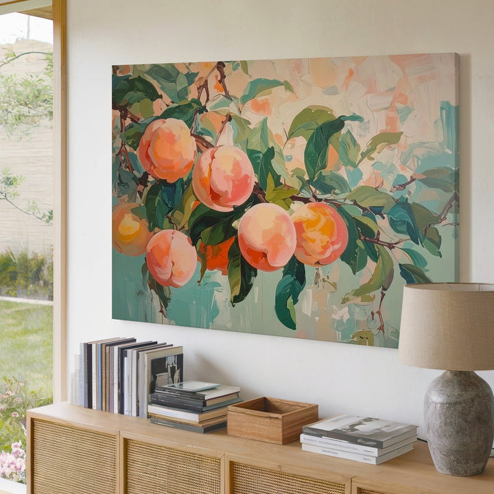 Peach Branch Canvas – Whimsical Painterly Fruit Art in Pastel Tones - Gifitto