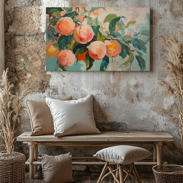 Peach Branch Canvas – Whimsical Painterly Fruit Art in Pastel Tones - Gifitto