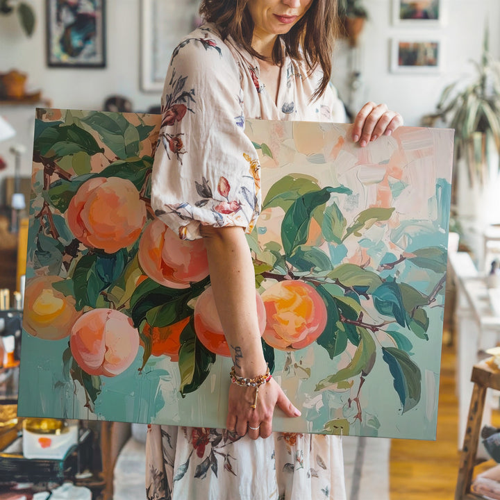 Peach Branch Canvas – Whimsical Painterly Fruit Art in Pastel Tones - Gifitto