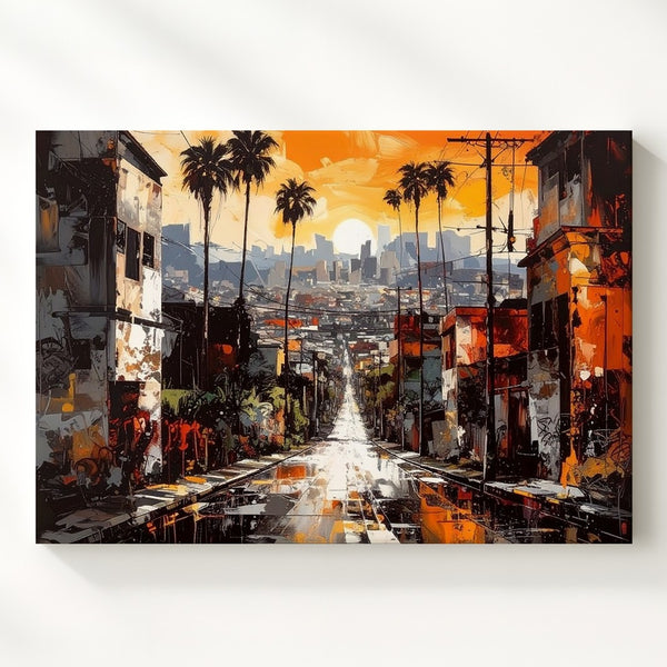 Urban Heatwave Canvas – Gritty Sunset Street to City Skyline