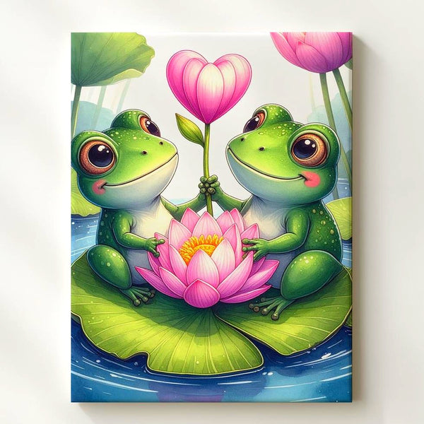 Frog Love Canvas – Frogs with Lotus Flower and Heart-Shaped Stem - Gifitto
