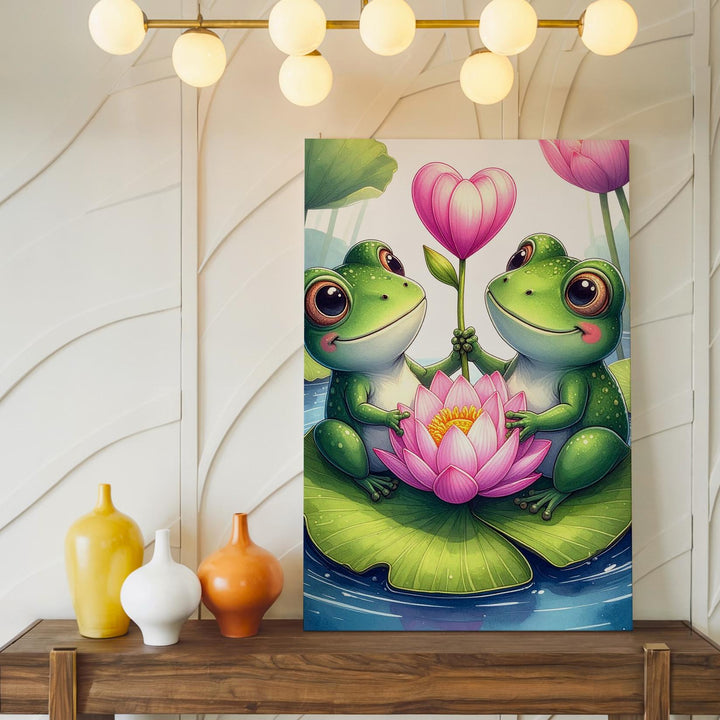 Frog Love Canvas – Frogs with Lotus Flower and Heart-Shaped Stem - Gifitto