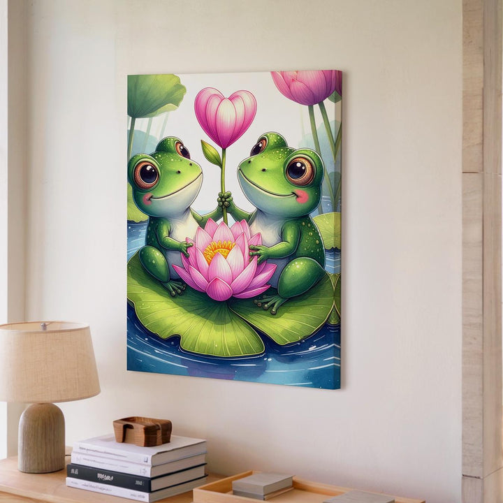 Frog Love Canvas – Frogs with Lotus Flower and Heart-Shaped Stem - Gifitto