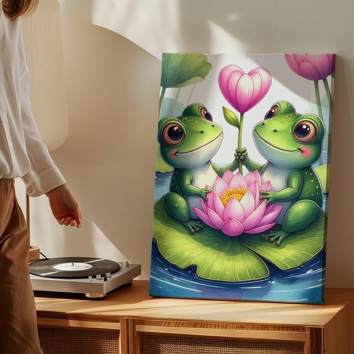 Frog Love Canvas – Frogs with Lotus Flower and Heart-Shaped Stem - Gifitto