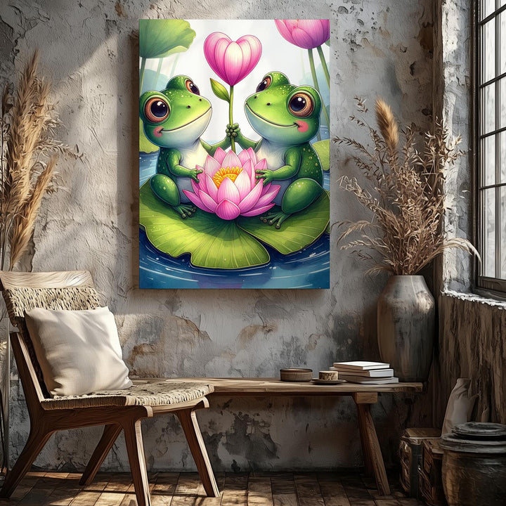 Frog Love Canvas – Frogs with Lotus Flower and Heart-Shaped Stem - Gifitto