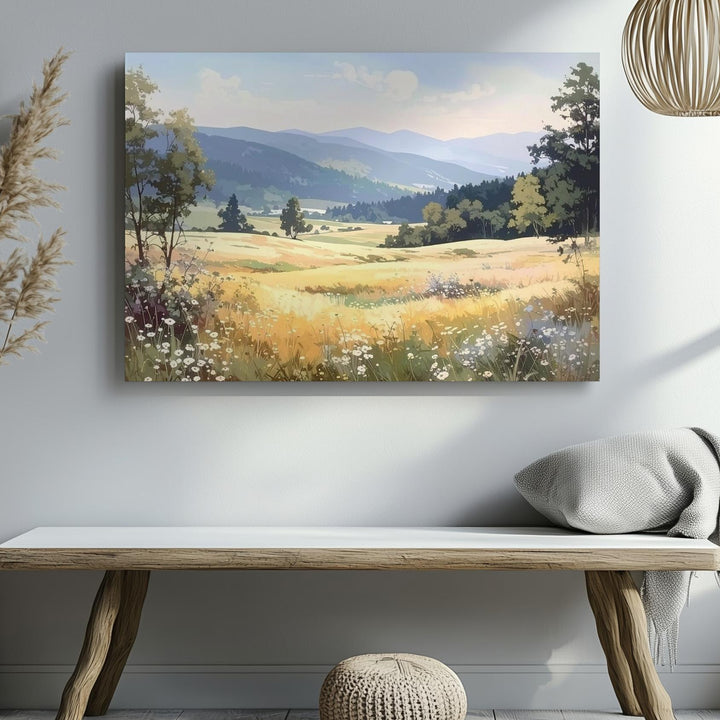 Pastel Meadow Morning Canvas – Golden Field & Blue Mountain Countryside Art - Gifitto