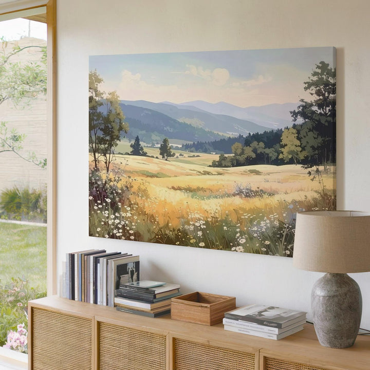 Pastel Meadow Morning Canvas – Golden Field & Blue Mountain Countryside Art - Gifitto