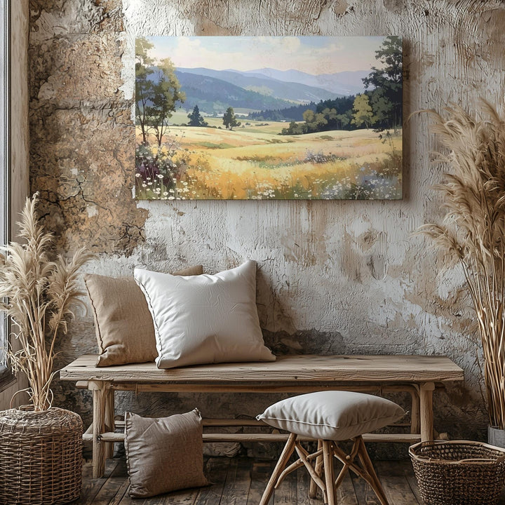 Pastel Meadow Morning Canvas – Golden Field & Blue Mountain Countryside Art - Gifitto