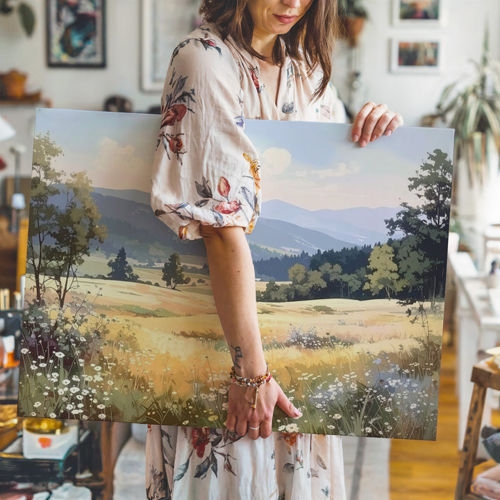 Pastel Meadow Morning Canvas – Golden Field & Blue Mountain Countryside Art - Gifitto