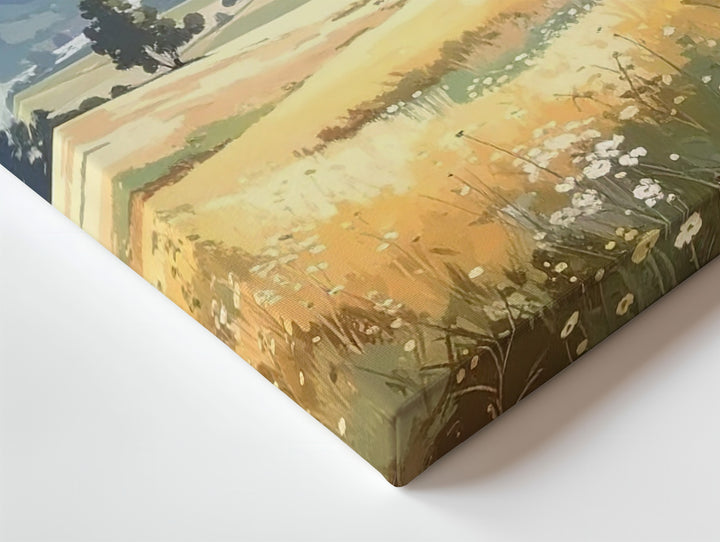 Pastel Meadow Morning Canvas – Golden Field & Blue Mountain Countryside Art - Gifitto