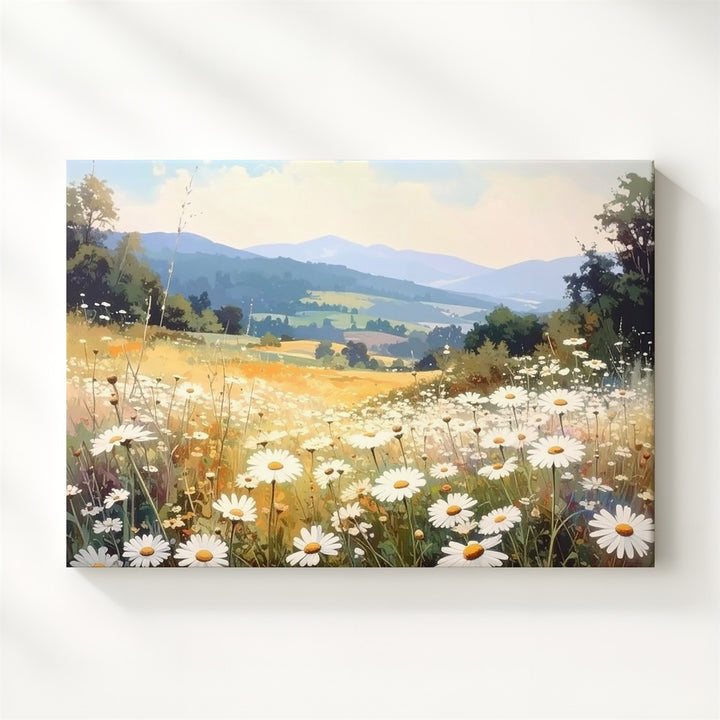 Golden Hour Daisy Meadow Canvas – Vertical Wildflower & Mountain Wall Art - Gifitto