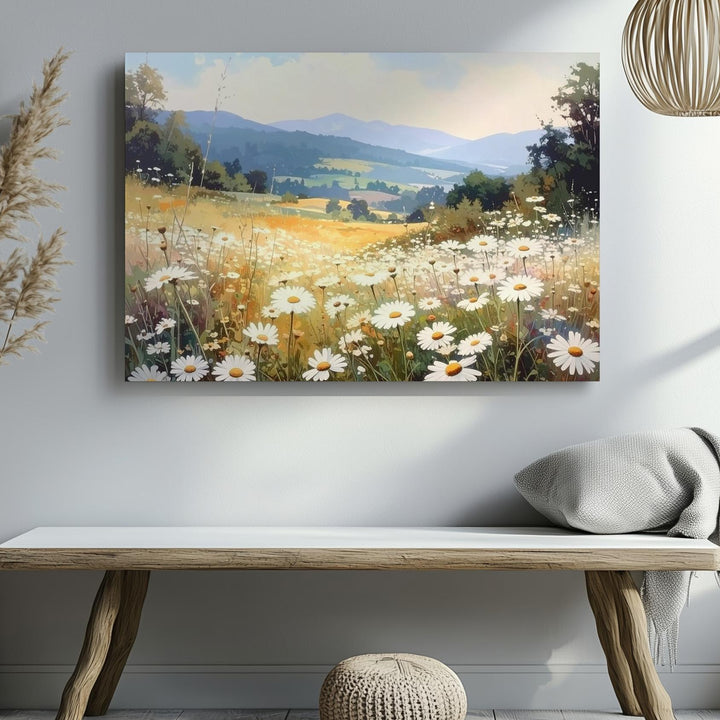 Golden Hour Daisy Meadow Canvas – Vertical Wildflower & Mountain Wall Art - Gifitto