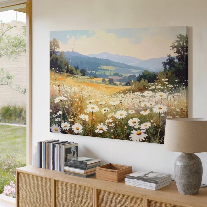 Golden Hour Daisy Meadow Canvas – Vertical Wildflower & Mountain Wall Art - Gifitto