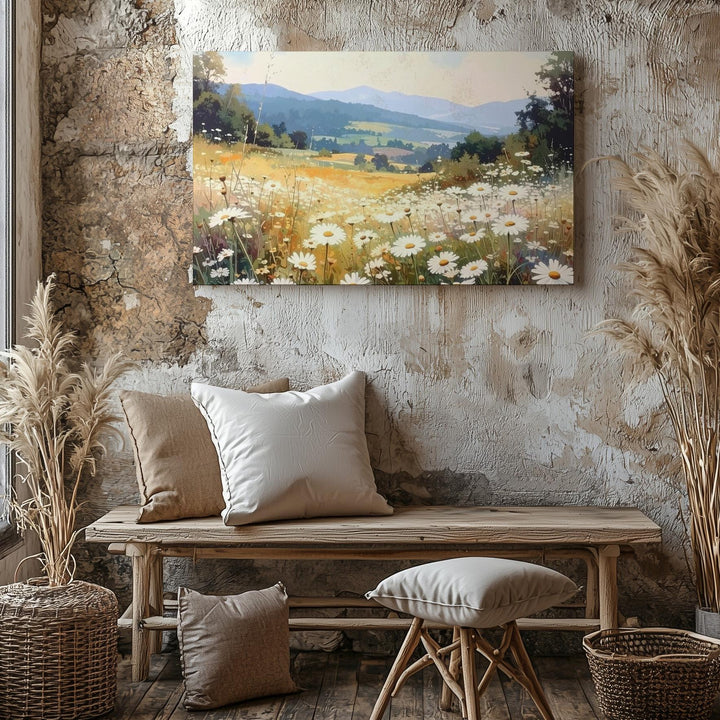 Golden Hour Daisy Meadow Canvas – Vertical Wildflower & Mountain Wall Art - Gifitto