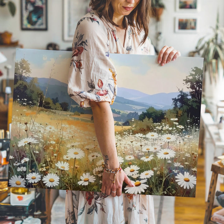 Golden Hour Daisy Meadow Canvas – Vertical Wildflower & Mountain Wall Art - Gifitto