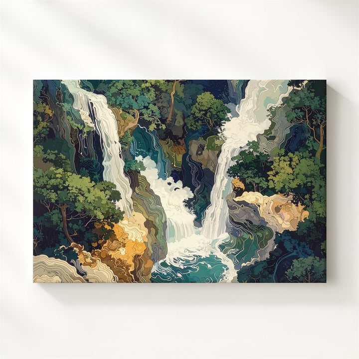 Abstract Cascade Canvas – Stylized Waterfall & Forest Flow Art - Gifitto