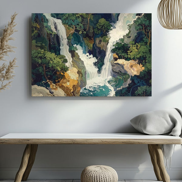 Abstract Cascade Canvas – Stylized Waterfall & Forest Flow Art - Gifitto