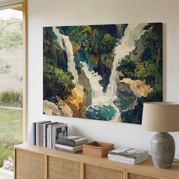 Abstract Cascade Canvas – Stylized Waterfall & Forest Flow Art - Gifitto