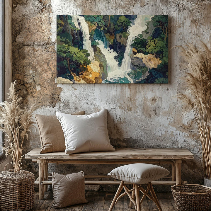 Abstract Cascade Canvas – Stylized Waterfall & Forest Flow Art - Gifitto