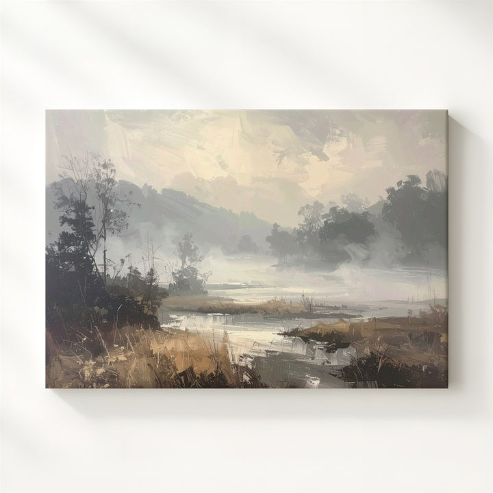 Whispers in the Mist Canvas – Minimalist Foggy Marshland Landscape Art - Gifitto