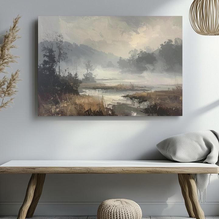 Whispers in the Mist Canvas – Minimalist Foggy Marshland Landscape Art - Gifitto