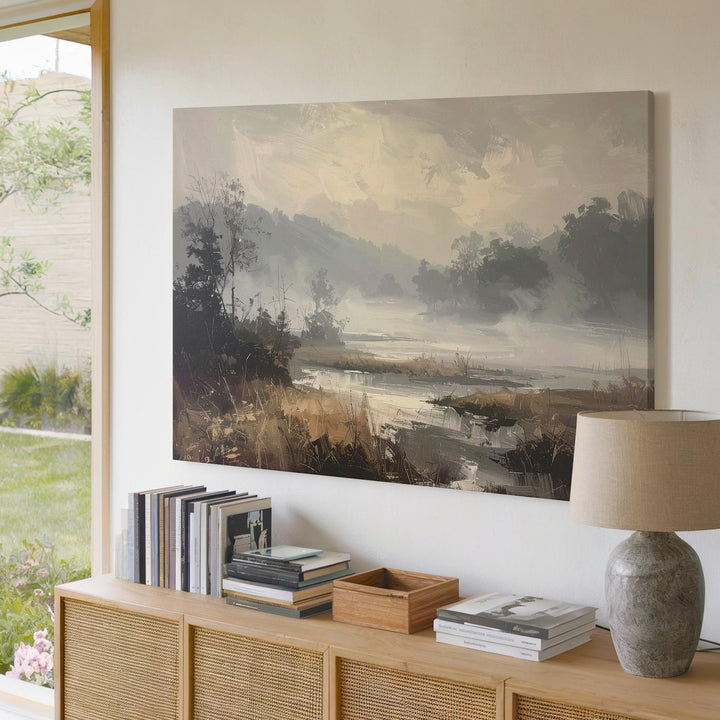 Whispers in the Mist Canvas – Minimalist Foggy Marshland Landscape Art - Gifitto