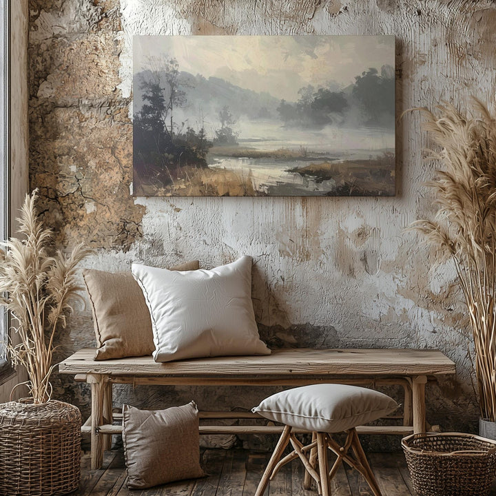 Whispers in the Mist Canvas – Minimalist Foggy Marshland Landscape Art - Gifitto