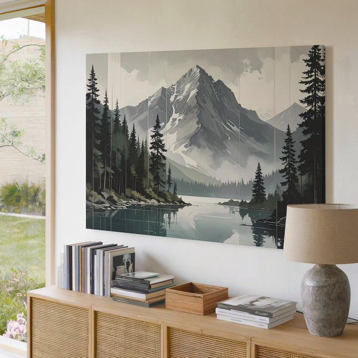 Cinematic Alpine Reflection Canvas – Snowy Peaks & Pine Lake Serenity Art - Gifitto