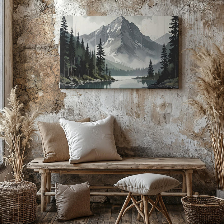 Cinematic Alpine Reflection Canvas – Snowy Peaks & Pine Lake Serenity Art - Gifitto