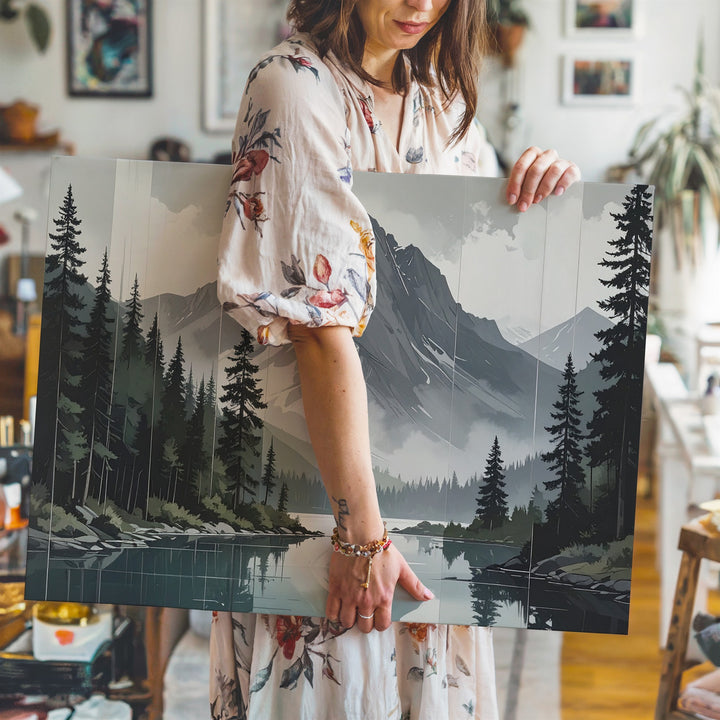 Cinematic Alpine Reflection Canvas – Snowy Peaks & Pine Lake Serenity Art - Gifitto
