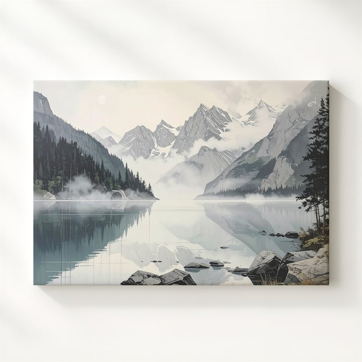 Misty Alpine Reflection Canvas – Tranquil Lake & Snowy Mountain Wall Art - Gifitto
