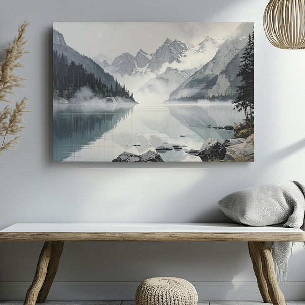 Misty Alpine Reflection Canvas – Tranquil Lake & Snowy Mountain Wall Art - Gifitto