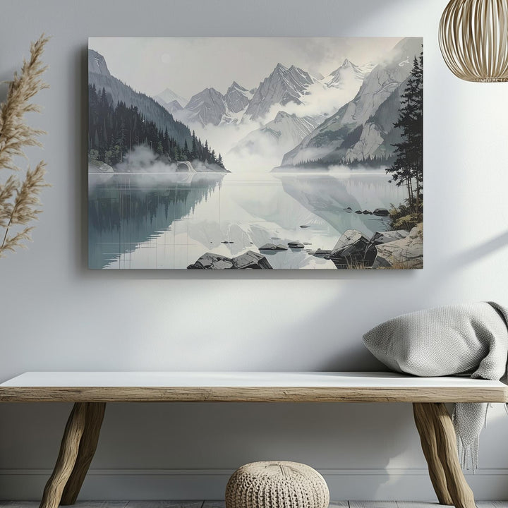 Misty Alpine Reflection Canvas – Tranquil Lake & Snowy Mountain Wall Art - Gifitto