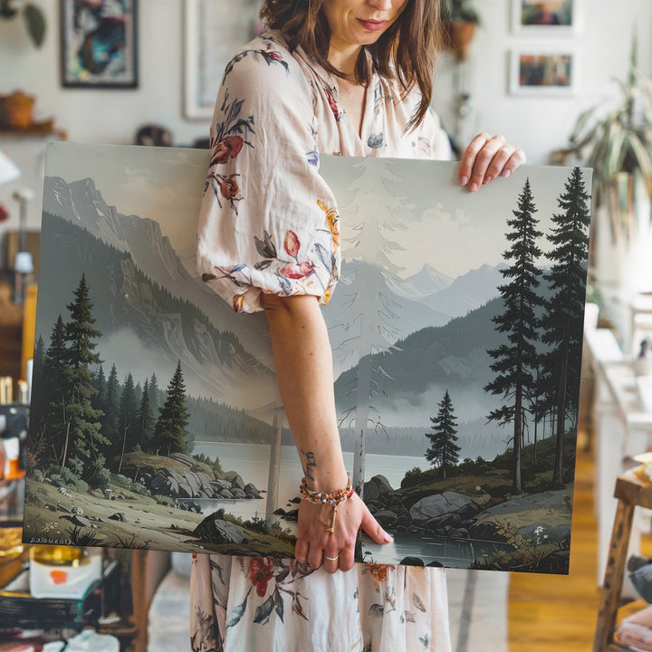 Alpine Stillness Canvas – Vertical Lake, Pine & Mountain Wilderness Art - Gifitto