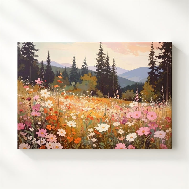 Summer Meadow Harmony Canvas – Warm Wildflower & Pine Landscape Art - Gifitto
