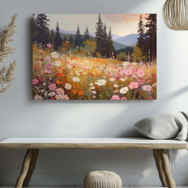 Summer Meadow Harmony Canvas – Warm Wildflower & Pine Landscape Art - Gifitto