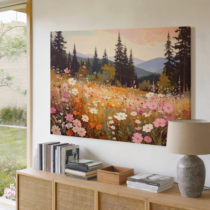Summer Meadow Harmony Canvas – Warm Wildflower & Pine Landscape Art - Gifitto