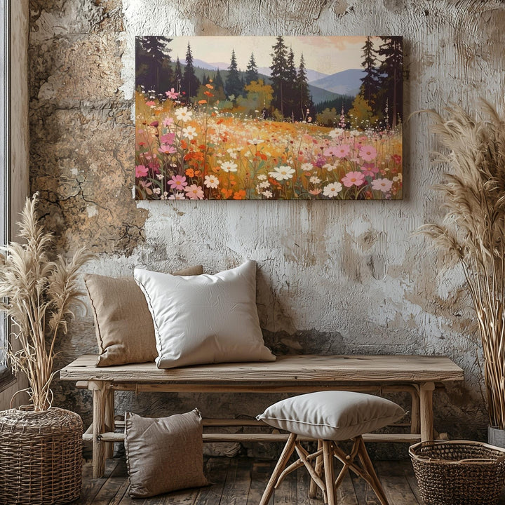 Summer Meadow Harmony Canvas – Warm Wildflower & Pine Landscape Art - Gifitto