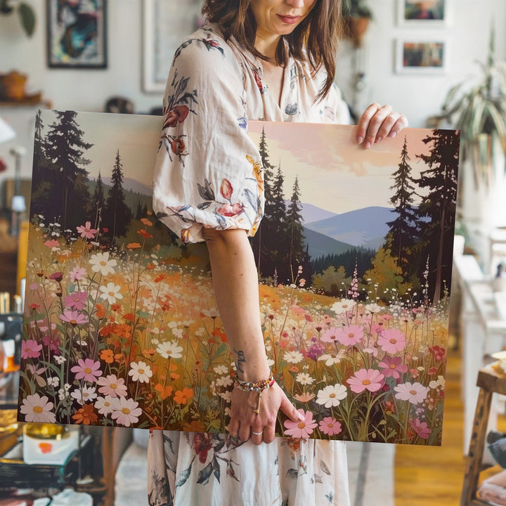 Summer Meadow Harmony Canvas – Warm Wildflower & Pine Landscape Art - Gifitto
