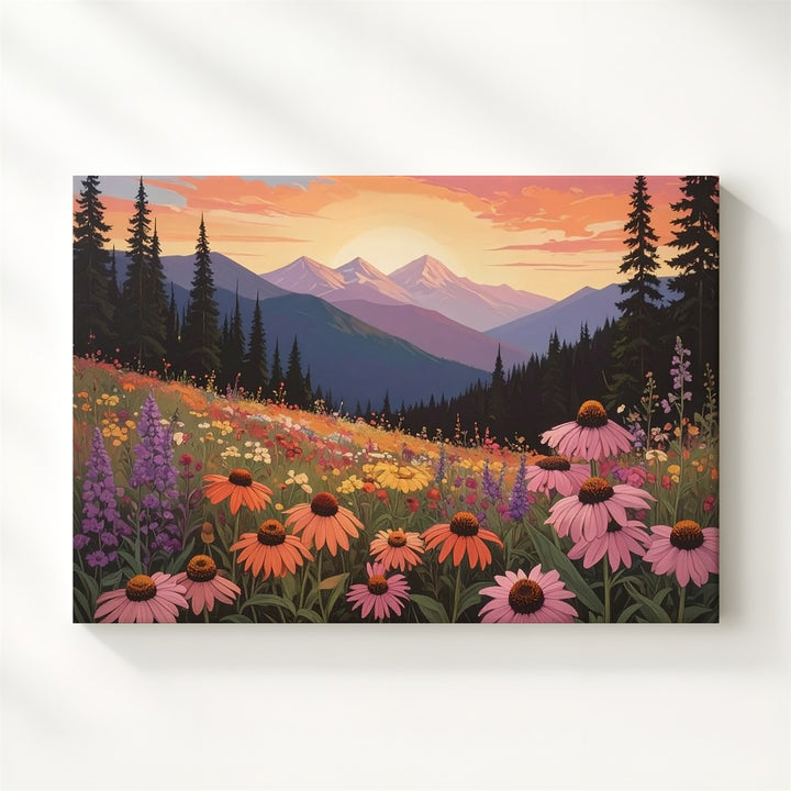 Golden Hour Wildflower Canvas – Sunset Mountain Wall Art - Gifitto