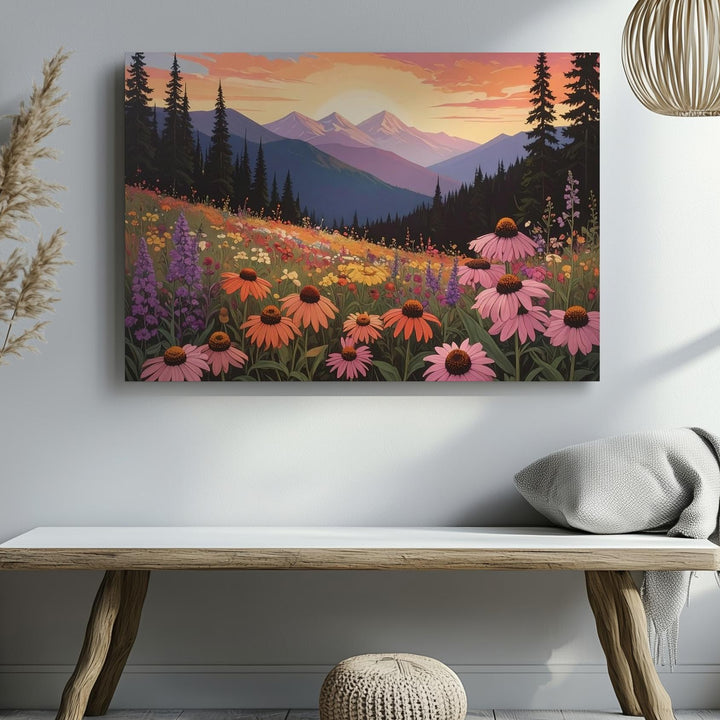 Golden Hour Wildflower Canvas – Sunset Mountain Wall Art - Gifitto