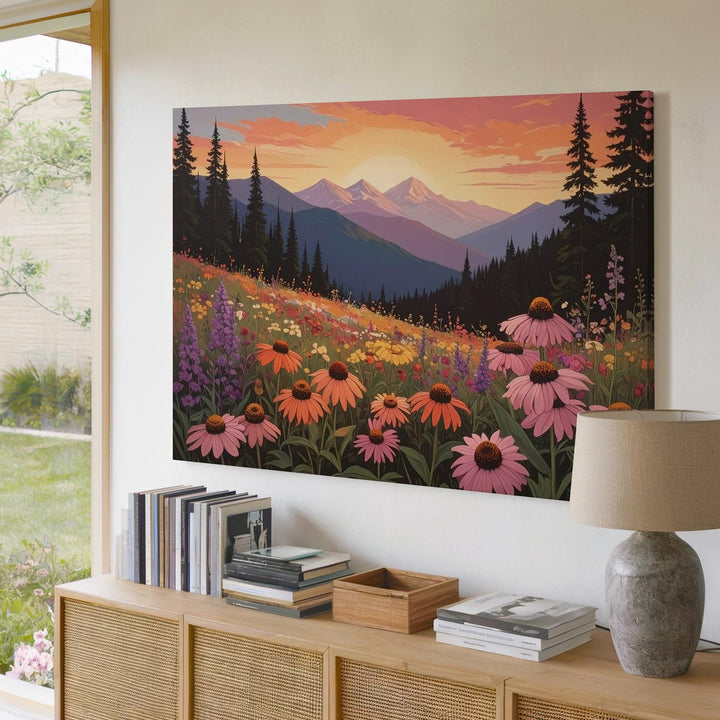 Golden Hour Wildflower Canvas – Sunset Mountain Wall Art - Gifitto