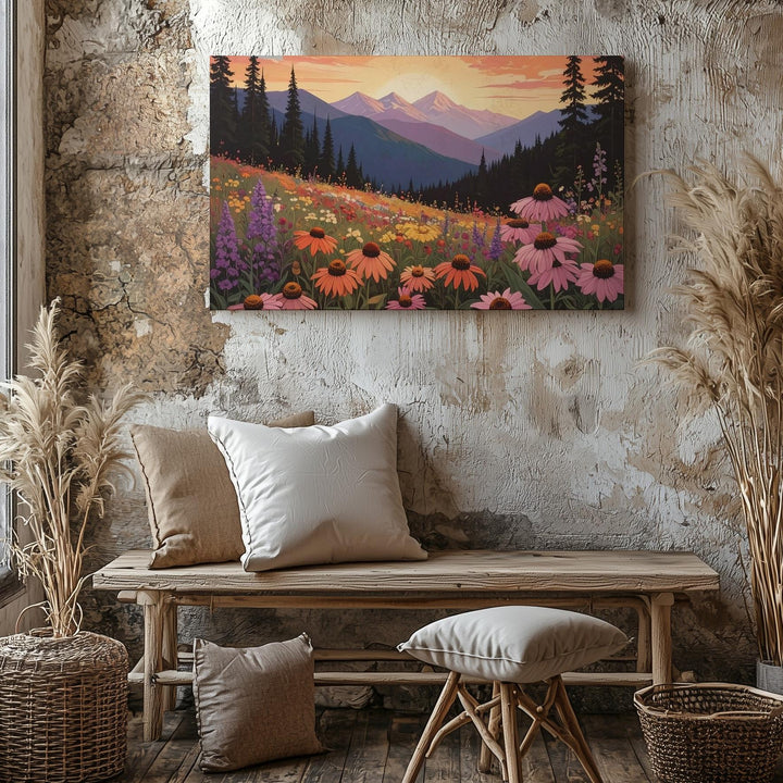 Golden Hour Wildflower Canvas – Sunset Mountain Wall Art - Gifitto