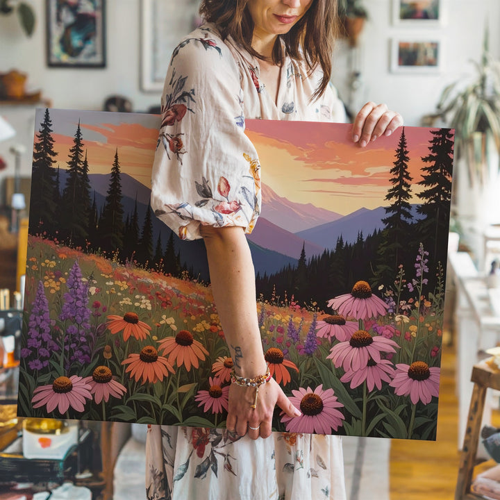 Golden Hour Wildflower Canvas – Sunset Mountain Wall Art - Gifitto
