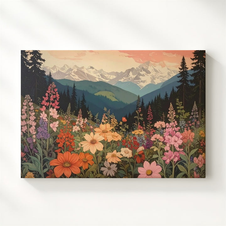 Blooming Alpine Vista Canvas – Vibrant Wildflower & Mountain Landscape Art - Gifitto
