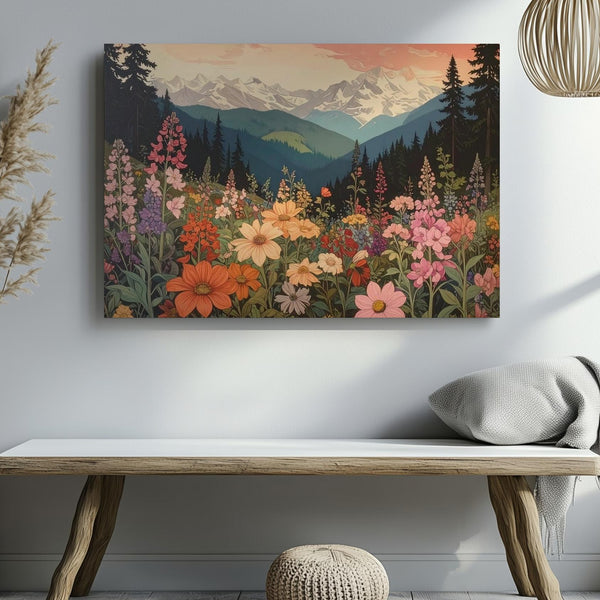 Blooming Alpine Vista Canvas – Vibrant Wildflower & Mountain Landscape Art - Gifitto